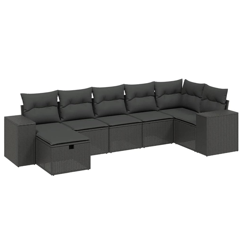 7-delige Loungeset met kussens poly rattan zwart