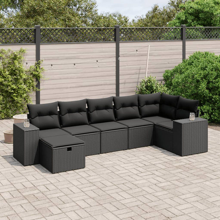 7-delige Loungeset met kussens poly rattan zwart