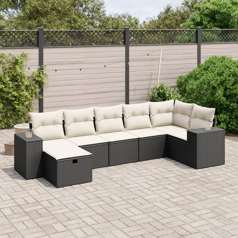 7-delige Loungeset met kussens poly rattan zwart