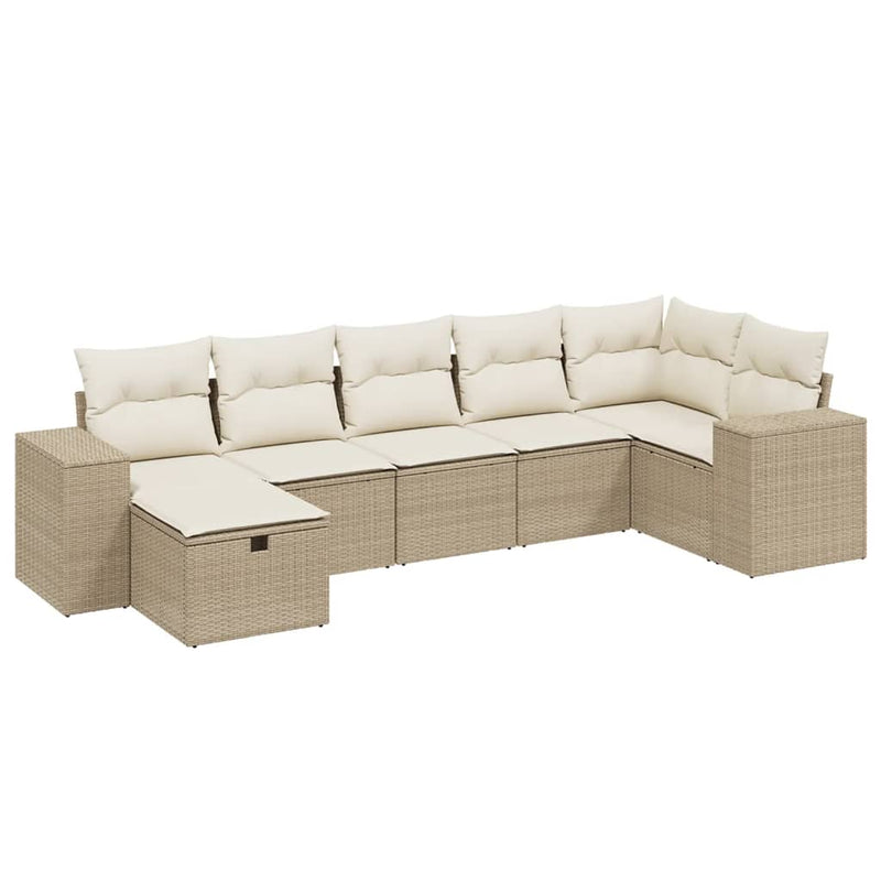 7-delige Loungeset met kussens poly rattan beige