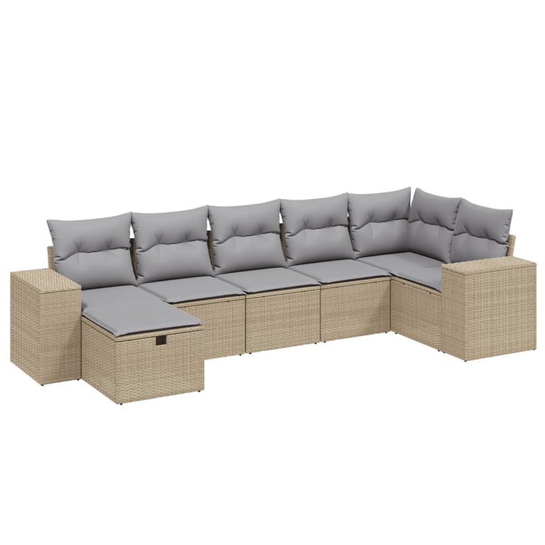 7-delige Loungeset met kussens poly rattan gemengd beige