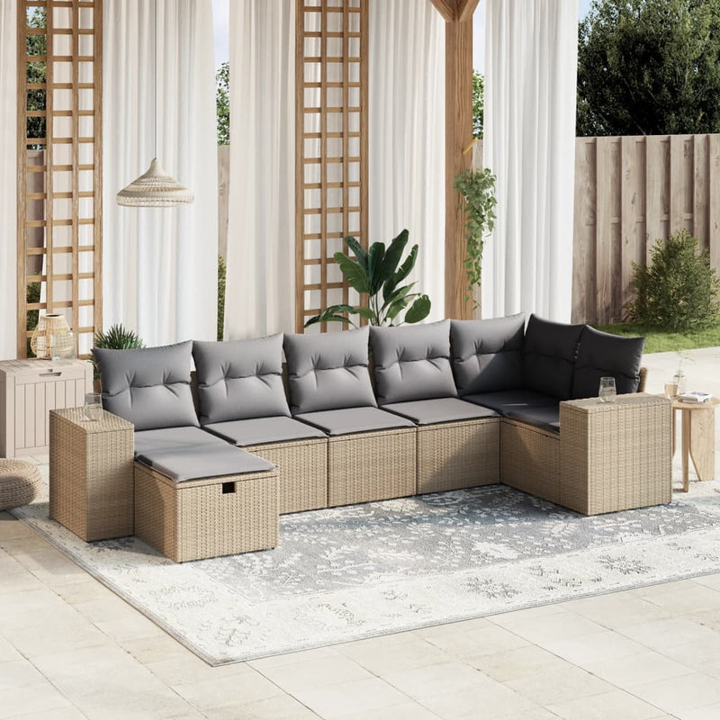 7-delige Loungeset met kussens poly rattan gemengd beige