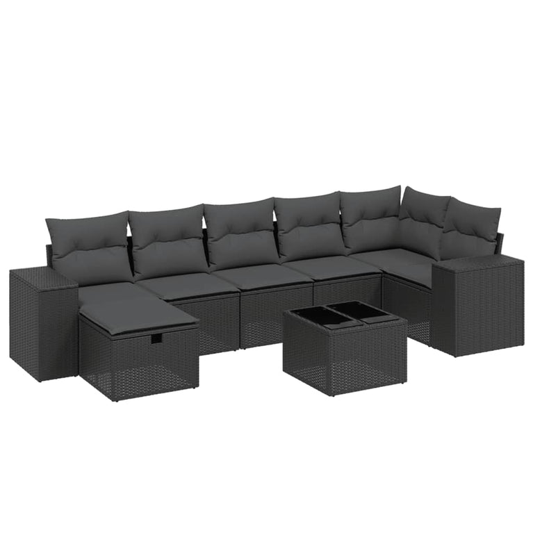 8-delige Loungeset met kussens poly rattan zwart