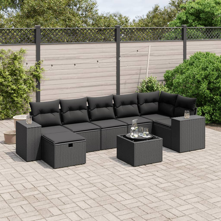 8-delige Loungeset met kussens poly rattan zwart