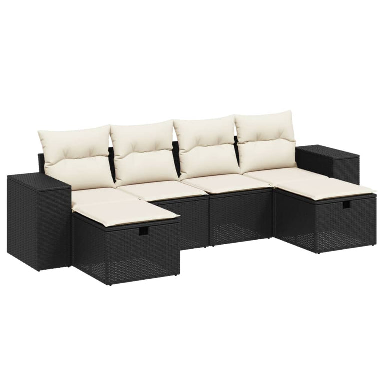 6-delige Loungeset met kussens poly rattan zwart