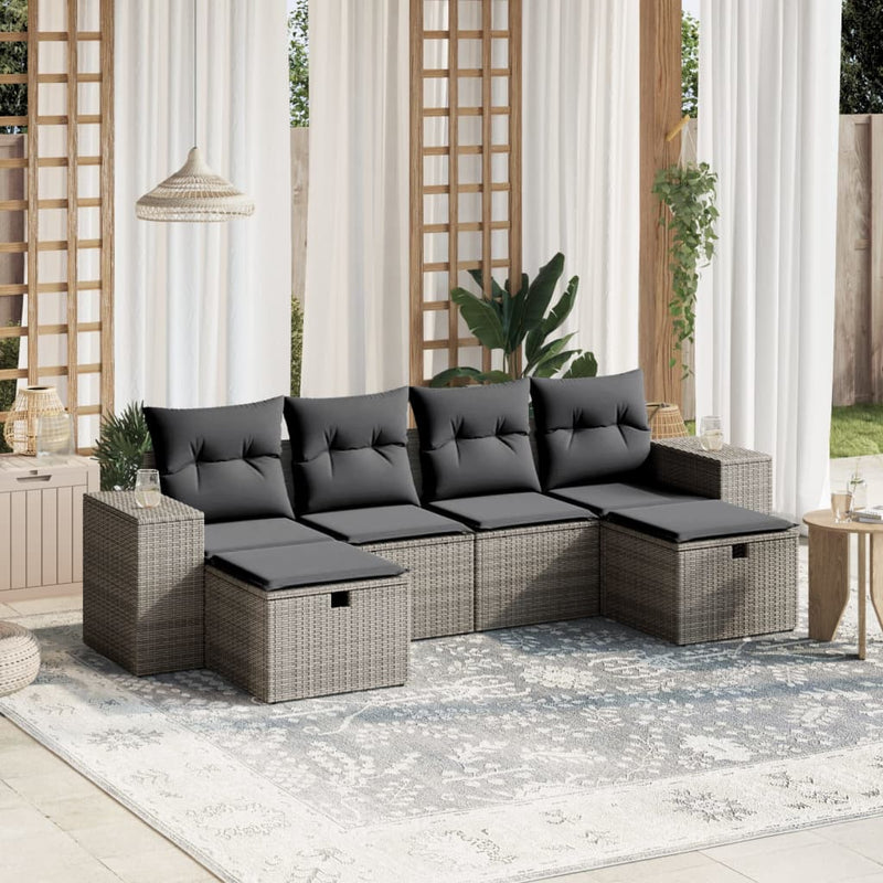 6-delige Loungeset met kussens poly rattan grijs
