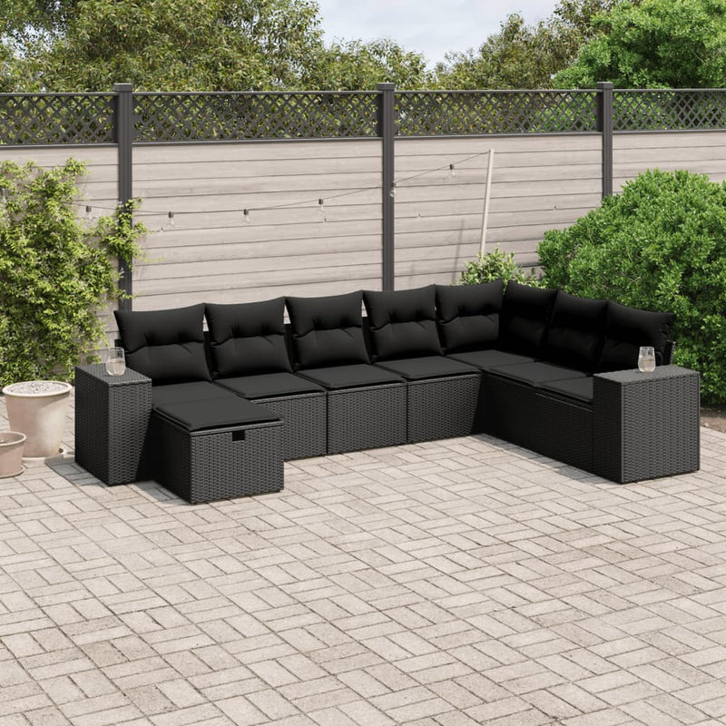 8-delige Loungeset met kussens poly rattan zwart
