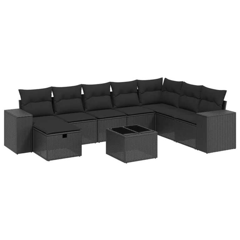 9-delige Loungeset met kussens poly rattan zwart