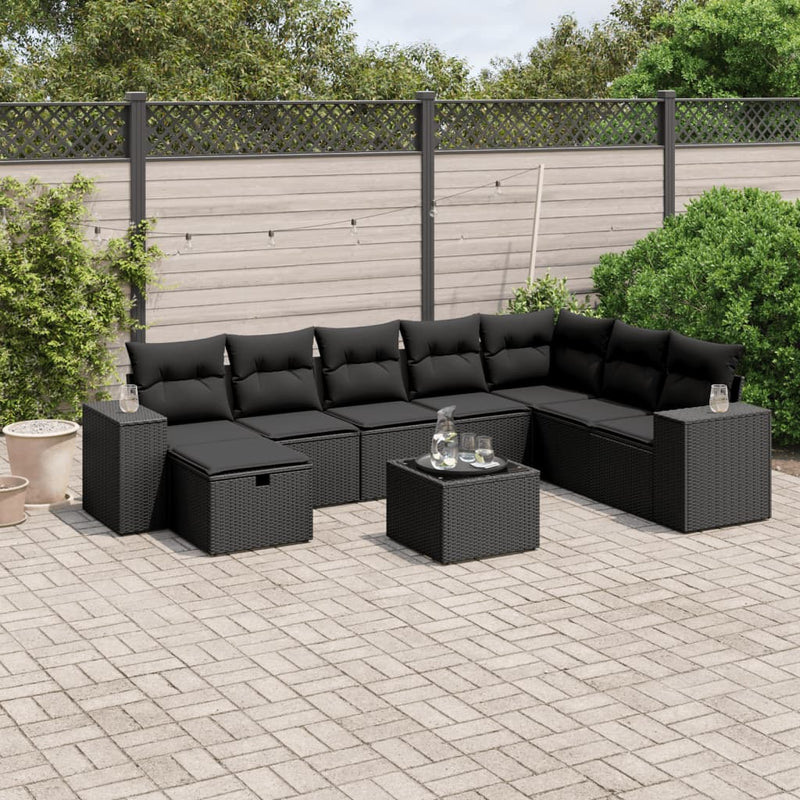 9-delige Loungeset met kussens poly rattan zwart