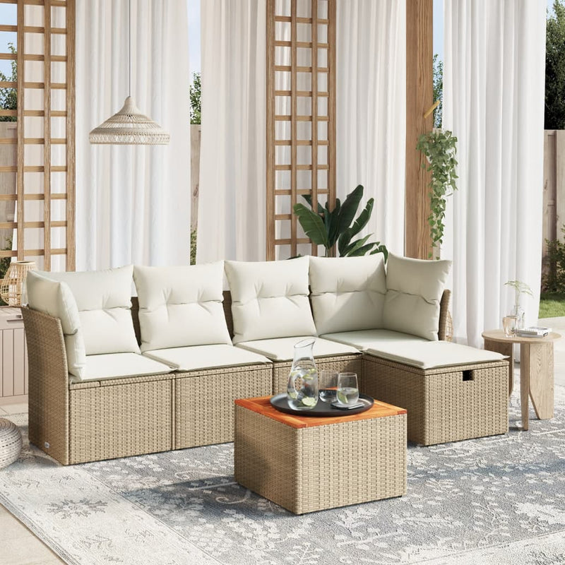 6-delige Loungeset met kussens poly rattan beige
