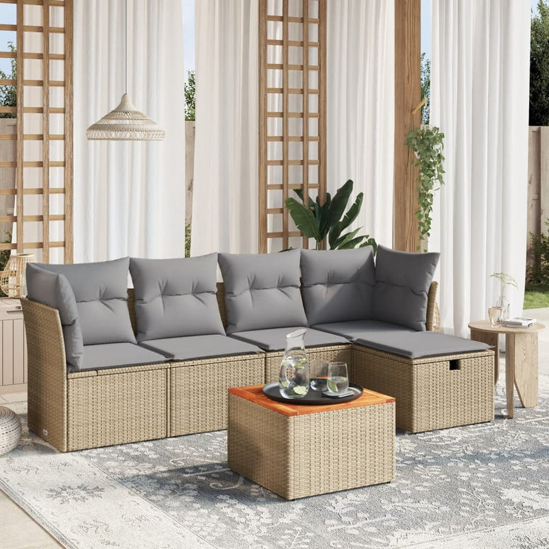6-delige Loungeset met kussens poly rattan gemengd beige