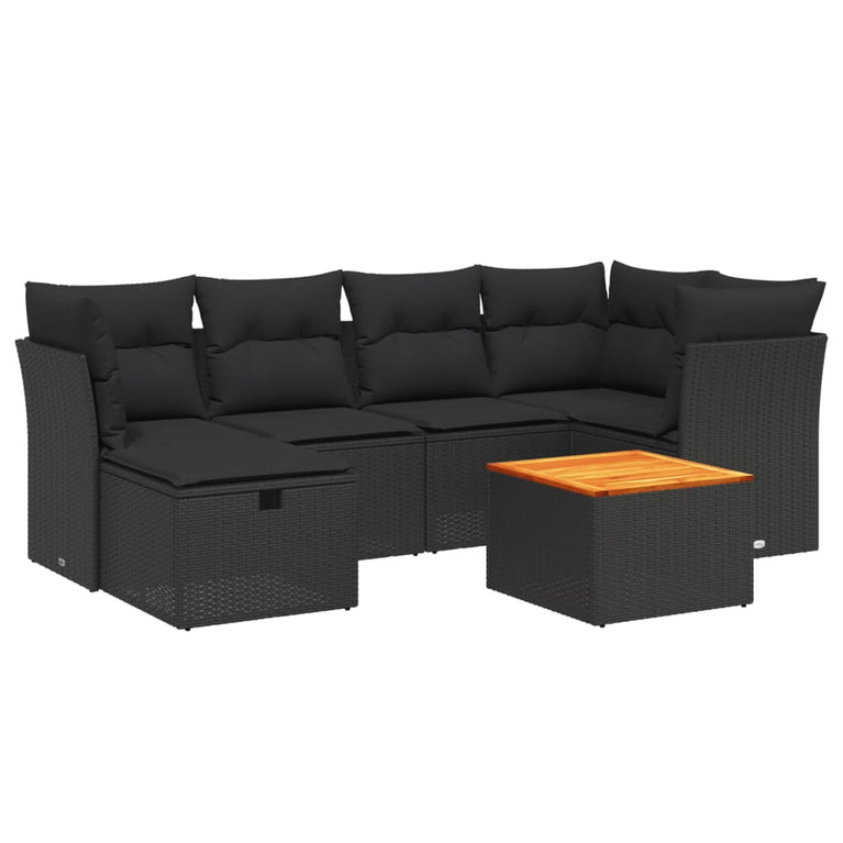 7-delige Loungeset met kussens poly rattan zwart