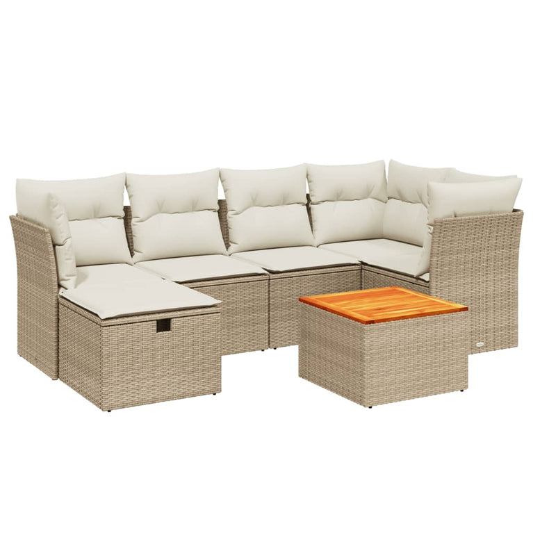 7-delige Loungeset met kussens poly rattan beige