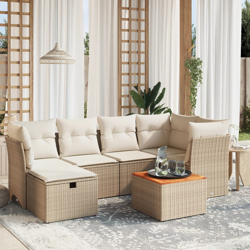 7-delige Loungeset met kussens poly rattan beige