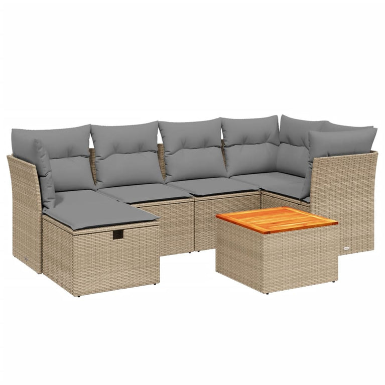 7-delige Loungeset met kussens poly rattan gemengd beige
