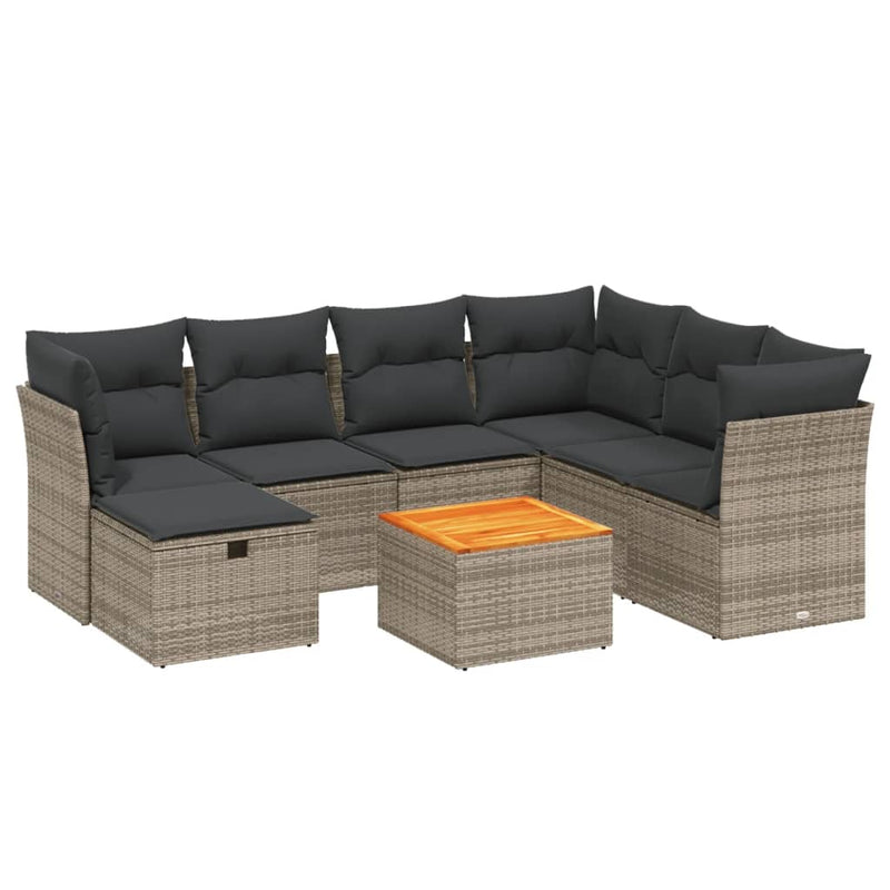 8-delige Loungeset met kussens poly rattan grijs