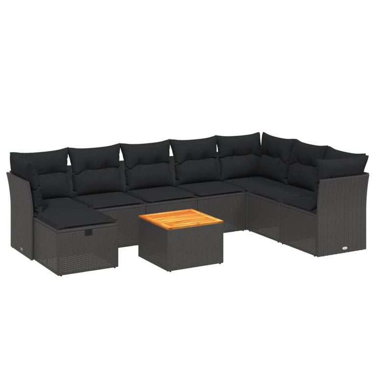 9-delige Loungeset met kussens poly rattan zwart