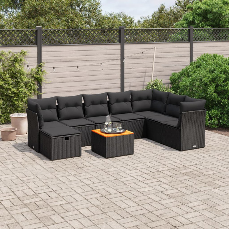 9-delige Loungeset met kussens poly rattan zwart
