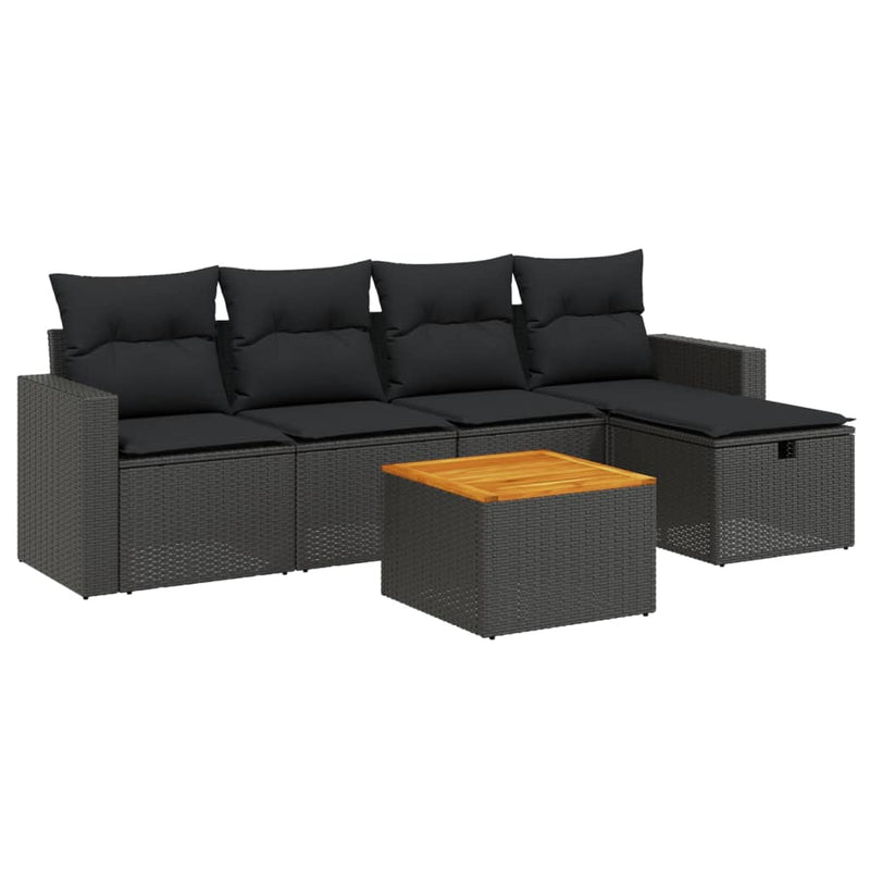 6-delige Loungeset met kussens poly rattan zwart