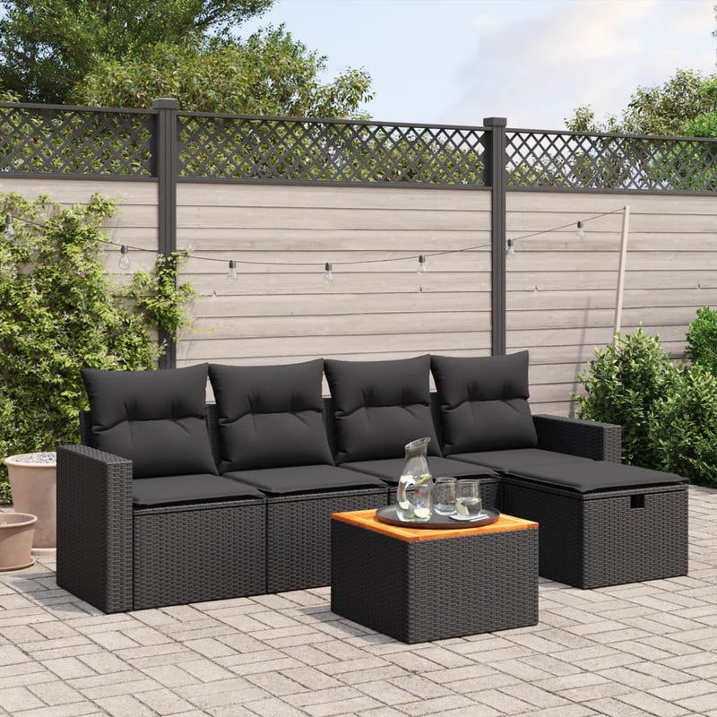6-delige Loungeset met kussens poly rattan zwart