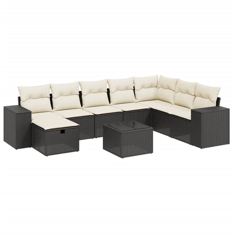 7-delige Loungeset met kussens poly rattan zwart