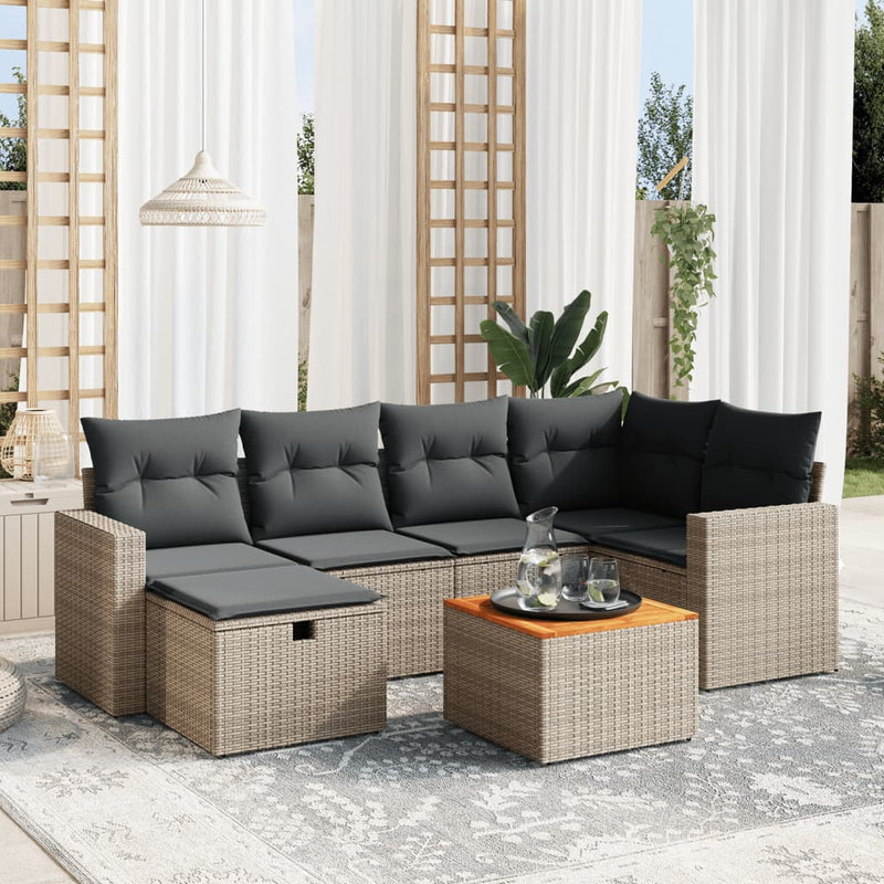7-delige Loungeset met kussens poly rattan grijs
