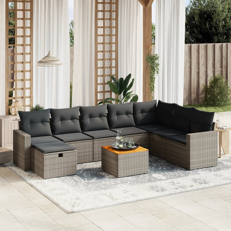 9-delige Loungeset met kussens poly rattan grijs