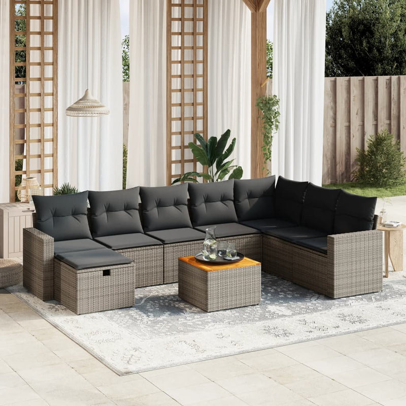 9-delige Loungeset met kussens poly rattan grijs