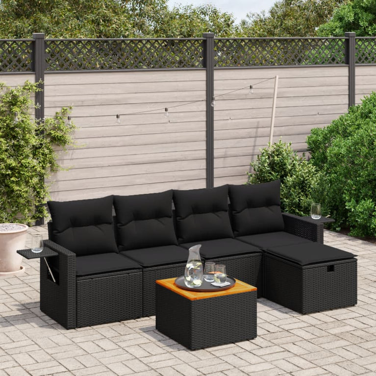 6-delige Loungeset met kussens poly rattan zwart
