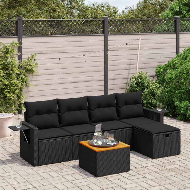 6-delige Loungeset met kussens poly rattan zwart