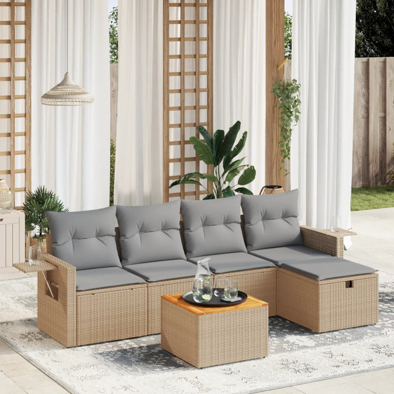 6-delige Loungeset met kussens poly rattan gemengd beige
