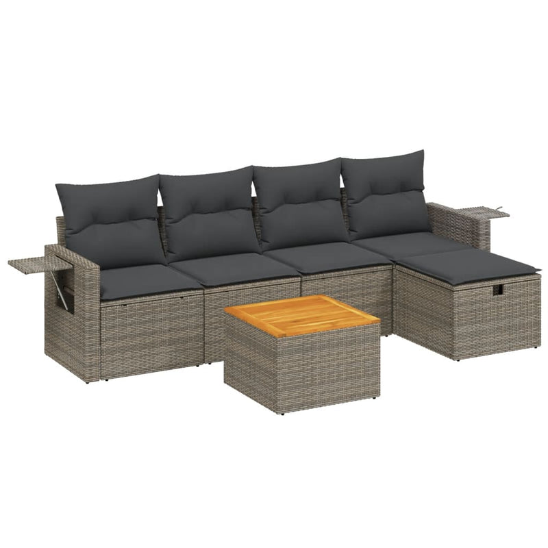 6-delige Loungeset met kussens poly rattan grijs