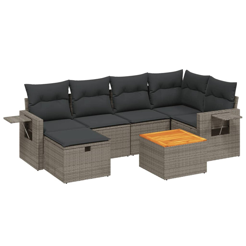 7-delige Loungeset met kussens poly rattan grijs