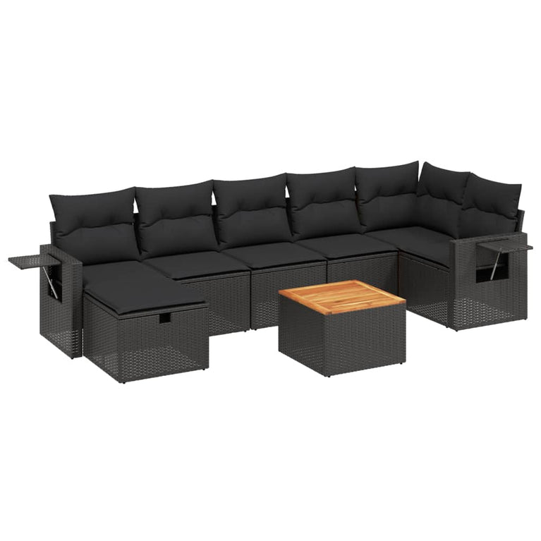 8-delige Loungeset met kussens poly rattan zwart