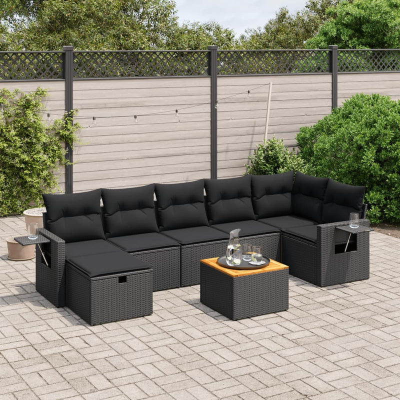 8-delige Loungeset met kussens poly rattan zwart