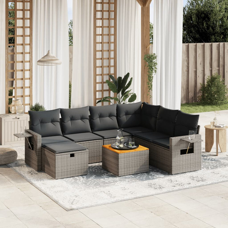 8-delige Loungeset met kussens poly rattan grijs