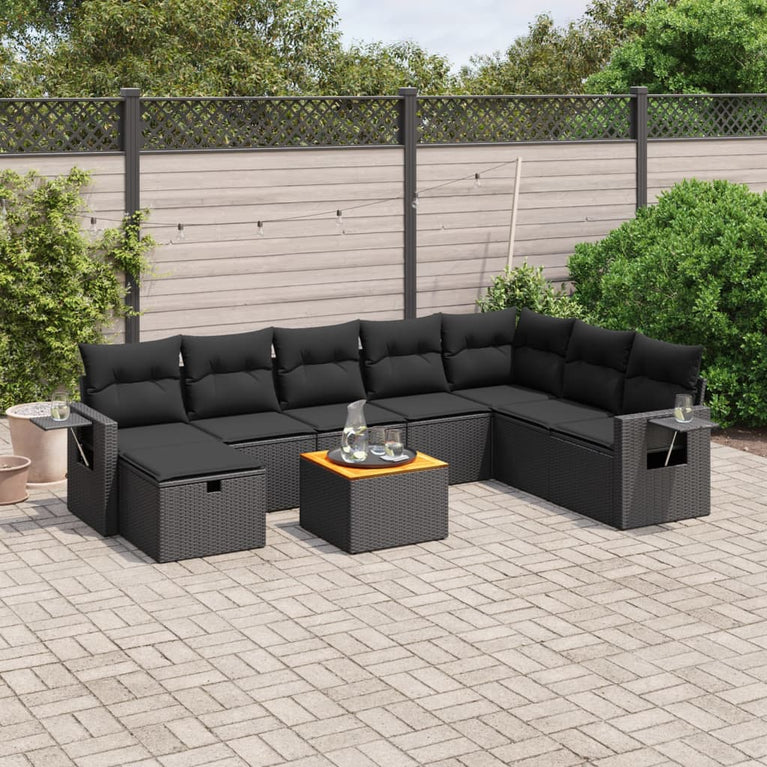 9-delige Loungeset met kussens poly rattan zwart