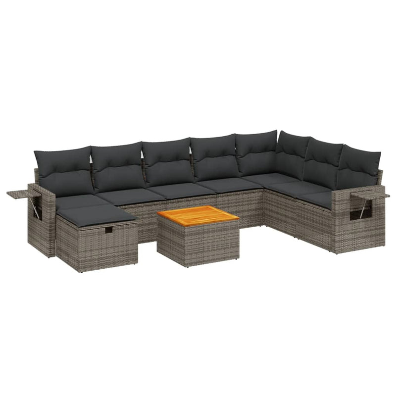 9-delige Loungeset met kussens poly rattan grijs