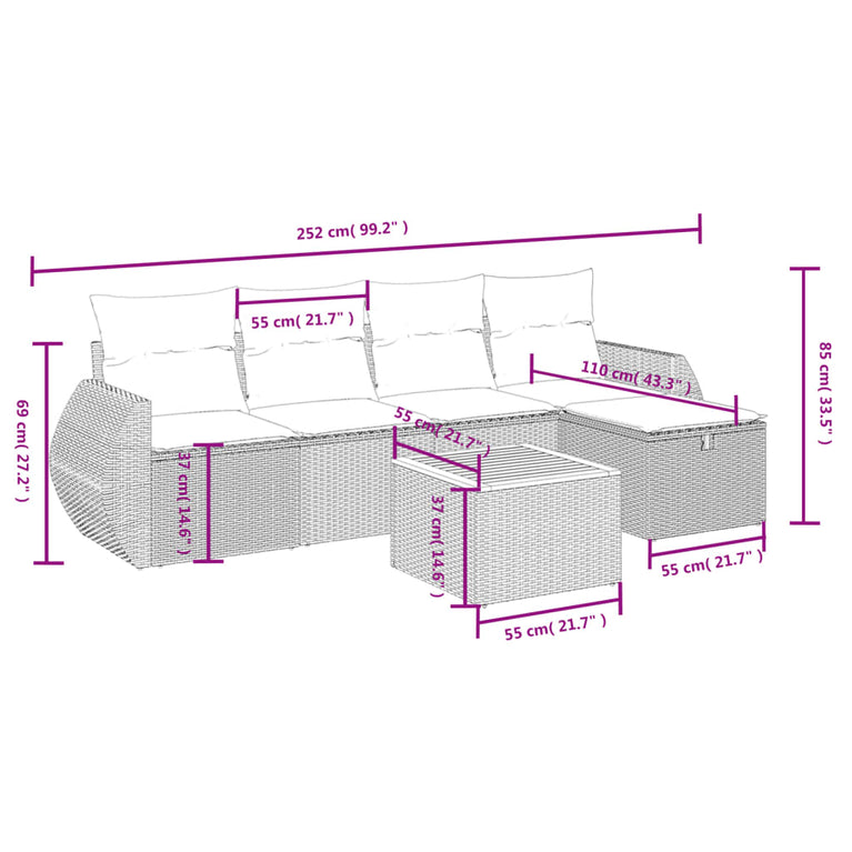 6-delige Loungeset met kussens poly rattan zwart