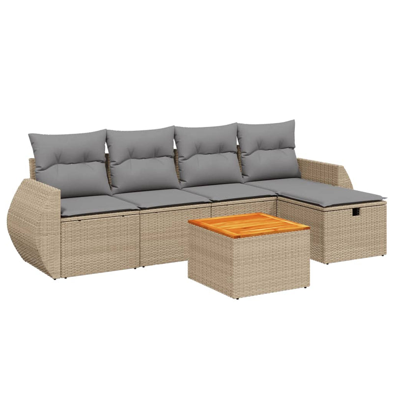 6-delige Loungeset met kussens poly rattan gemengd beige