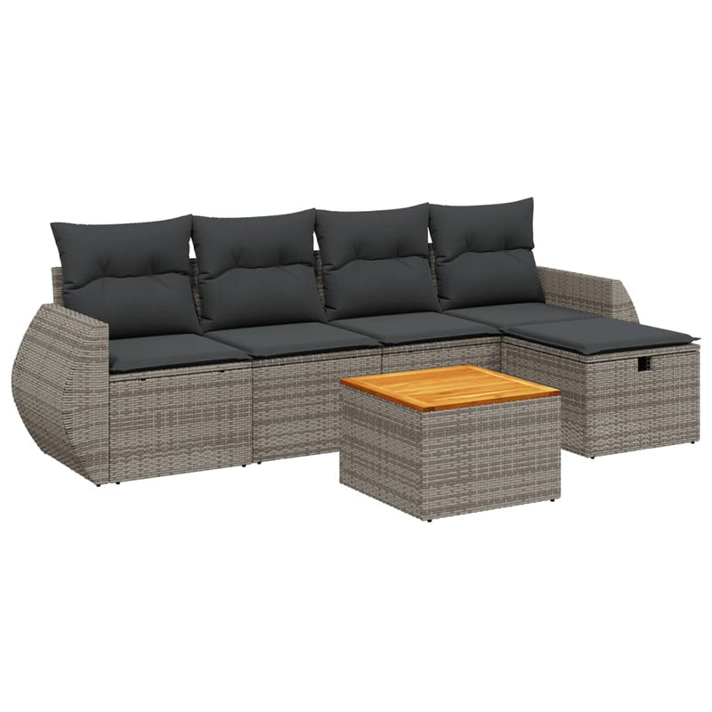 6-delige Loungeset met kussens poly rattan grijs