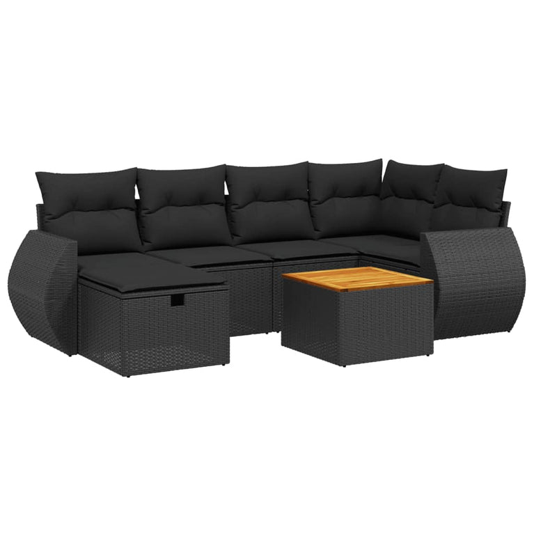 7-delige Loungeset met kussens poly rattan zwart
