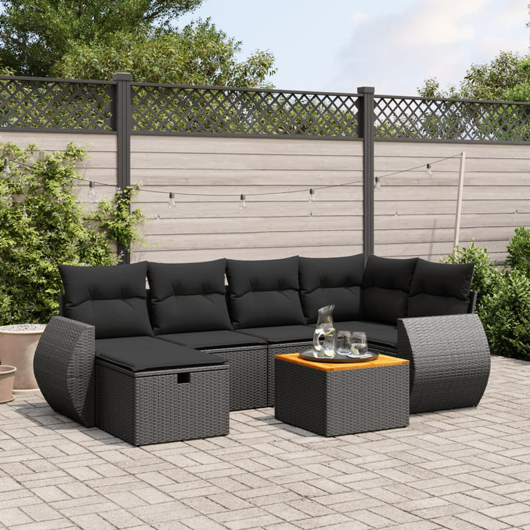 7-delige Loungeset met kussens poly rattan zwart