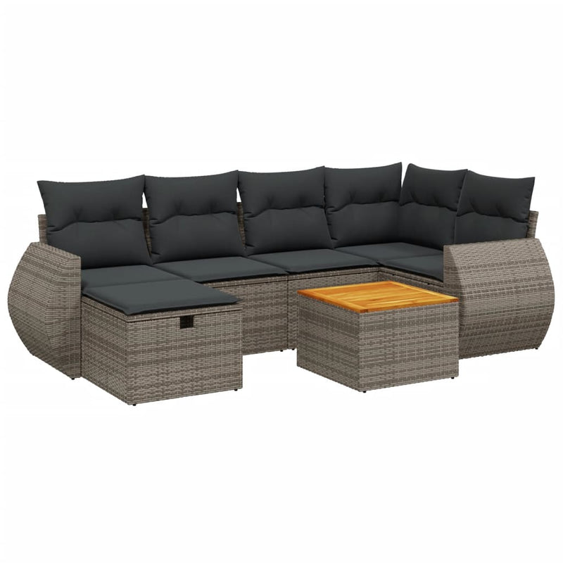 7-delige Loungeset met kussens poly rattan grijs