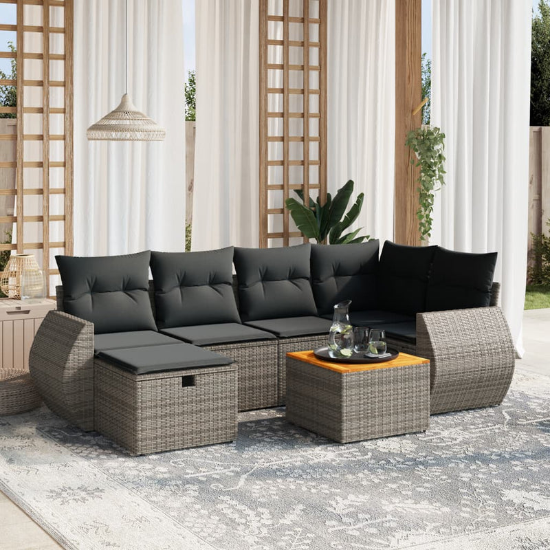 7-delige Loungeset met kussens poly rattan grijs