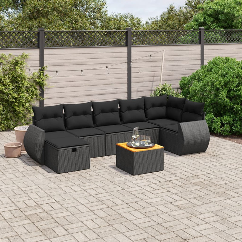 8-delige Loungeset met kussens poly rattan zwart