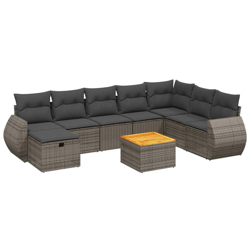 9-delige Loungeset met kussens poly rattan grijs