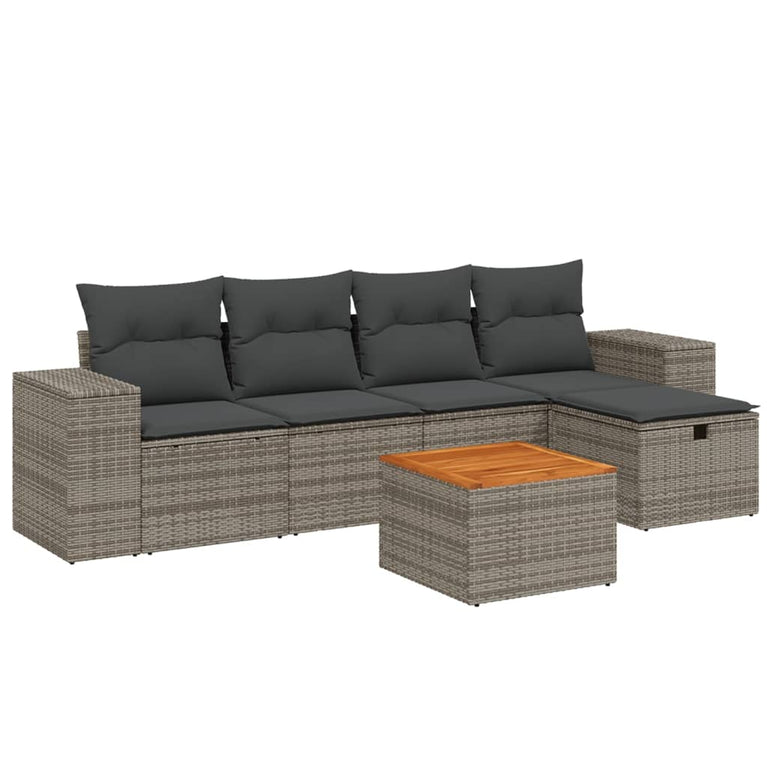 6-delige Loungeset met kussens poly rattan grijs
