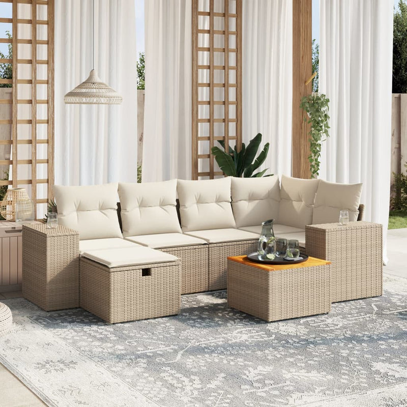 7-delige Loungeset met kussens poly rattan beige