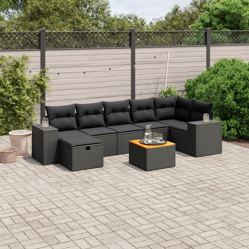 8-delige Loungeset met kussens poly rattan zwart